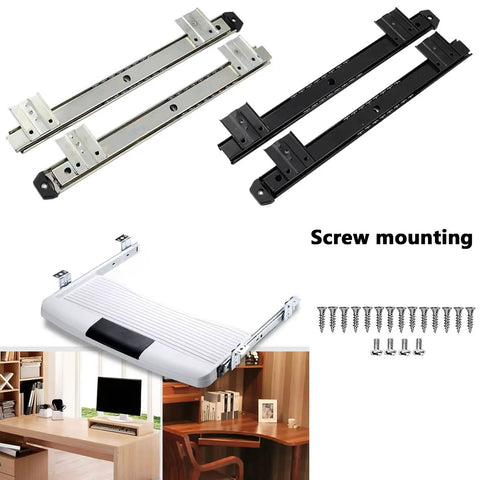 Two Pack 350mm Telescopic Keyboard Tray Guides With Height Adjustable Steel Rails In Black And Silver Heavy Duty Ball Bearing Sliding Runners Smooth Quiet Glide 40kg Capacity Badass Durability For Your Desk Always, black and silver rails
