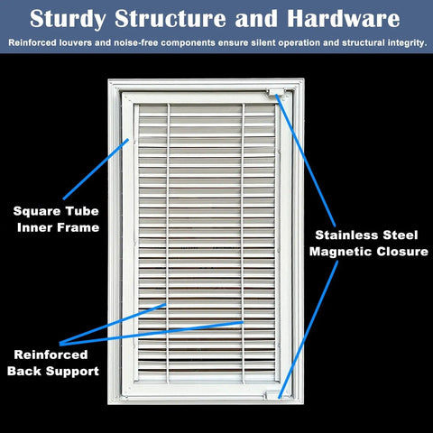 Heavy Duty Aluminum Wall Access Panel With Secure Magnetic Latch And Crisp White Louvered Vents For No Sweat Drywall Inspection And Top Shelf Airflow Control 36 By 48 Inch showing sturdy structure and hardware details.