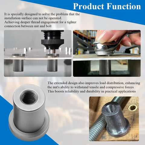 Eight Piece Heavy Duty Weld On Nuts With Three Eighths Sixteen Thread Stepped Female Profile For Rugged Truck Builds And Shop Fabrication That Stick Firm Without Breaking A Sweat images of various installation applications and detailed close-up.