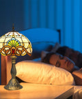 Tiffany Style Yellow Stained Glass Table Lamp With LED Bulbs, Vintage Baroque Desk Lamp For Bedroom, casting warm glow on nightstand