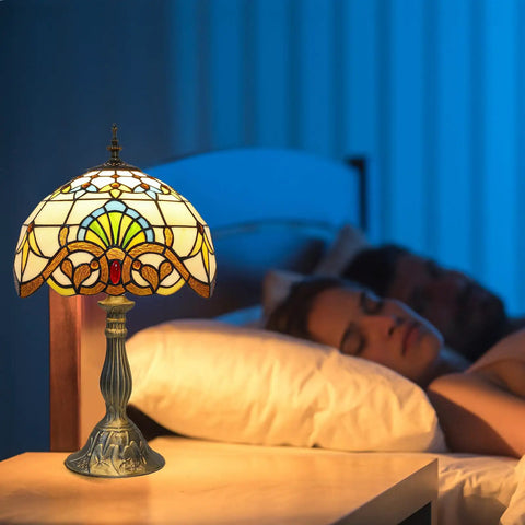 Tiffany Style Yellow Stained Glass Table Lamp With LED Bulbs, Vintage Baroque Desk Lamp For Bedroom, casting warm glow on nightstand
