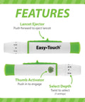 Pain Free Lancing Device With Ejector For Easy Diabetes Testing, Adjustable Depth, Vibration Control, Twist Lancet Disposal, And Broad Compatibility With Most Lancets feature graphic