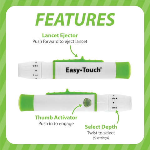 Pain Free Lancing Device With Ejector For Easy Diabetes Testing, Adjustable Depth, Vibration Control, Twist Lancet Disposal, And Broad Compatibility With Most Lancets feature graphic