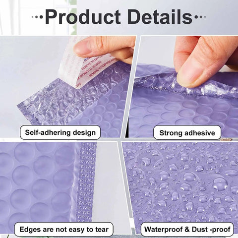 Close-up of the 100 Count Bubble Mailer Set Four Sizes Self Adhesive Waterproof Padded Envelopes For Shipping details in purple