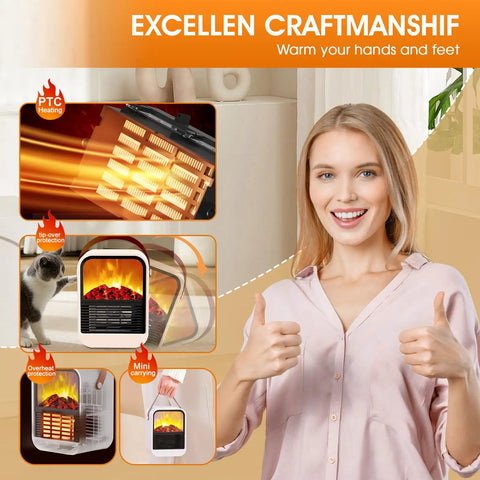 Compact Electric Fireplace Heater For Small Rooms With Real 3D Flame Vibe, woman giving thumbs up near heater