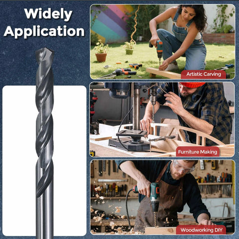 Side view of Kozelo 12-piece drill bit set, 7/64 in diameter, M2 high-speed steel, black nitrided, 135°.