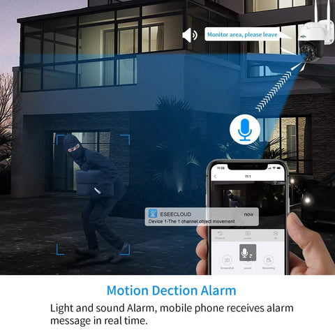 Security cam alerts motion detection on phone with burglar at night. 5x Optical Zoom Outdoor Security Cam With 2K Resolution Pan Tilt Zoom Floodlights Full Color Night Vision Two Way Audio IP66 Weatherproof Motion Detection Wireless WiFi Surveillance System