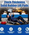 Mechanic using Beefy Solid Rubber Auto Lift Pads 3000Lb Heavy Duty Jack Stand Blocks Anti Slip For 2 Post And 4 Post Car Lifts RV And Garage Floor Jacks 6.33 Inch By 4.75 Inch By 2 Inch 4 Pack
