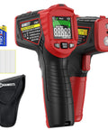 Non Contact Laser Tachometer RPM Meter For Engines And Motors, Handheld Tachometer With Large LCD Display, Measures 10 To 99,999 RPM, High Resolution, Max Min Memory, Reflective Tape Included, Great For Fans And Belts, red and black handheld set with battery, tape, and pouch