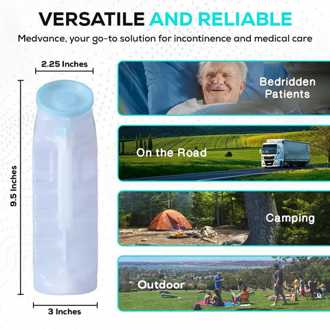 Glow In The Dark 1000ml Male Urinal Bottle With Spill Proof Pop Cap Lid, Portable Pee Container For Car, Elderly And Incontinence Care, Easy To Use Urinal For Men, 4 Pack, featuring various usage scenarios and dimensions.