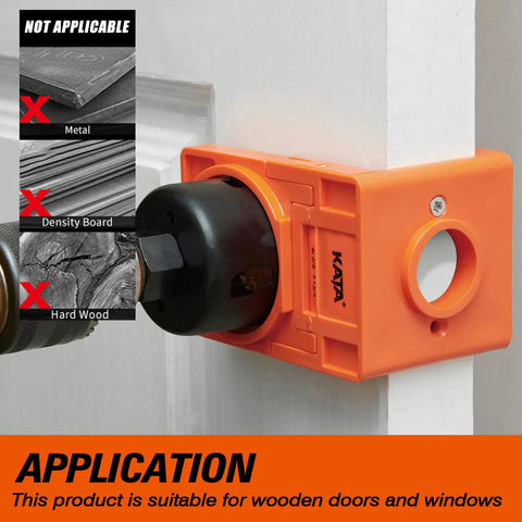 Pro Grade Door Lock Installation Kit With Adjustable Guide Template And Heavy Duty Hole Saws for wooden doors, showing suitability for installations.