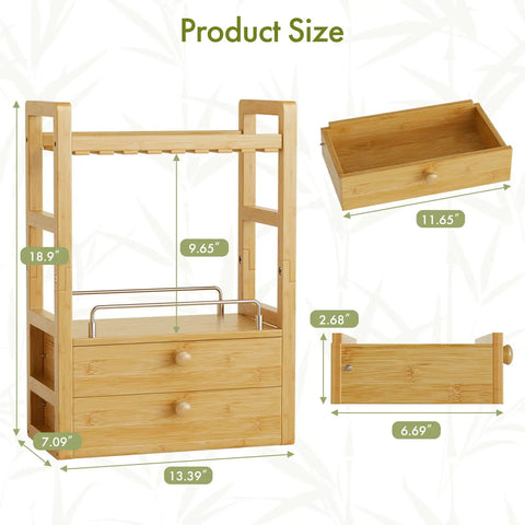 Bamboo Bathroom Countertop Organizer With 2 Tier Makeup Storage And 2 Drawers, Vanity Shelf dimensions