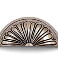 Antique Brass Cup Pulls with Petal Pattern, durable cast construction, 3 inch hole centers, for vintage and modern furniture cabinets.