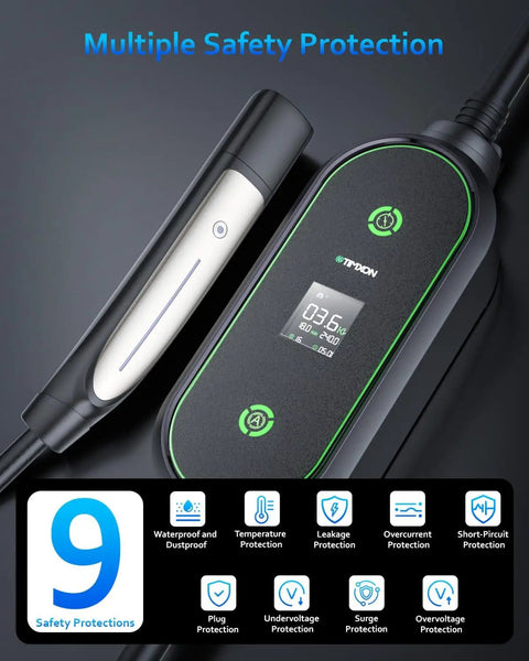 Top Shelf Level 2 And Level 1 Electric Vehicle Charger For Tesla Mobile Charging with multiple safety features and display.