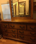 Wooden dresser with Vintage Drop Bail Drawer Pulls 6 Inch Cabinet Handles Rustic Antique Black Zinc Alloy on drawers.