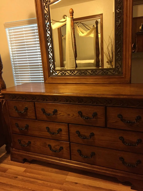 Wooden dresser with Vintage Drop Bail Drawer Pulls 6 Inch Cabinet Handles Rustic Antique Black Zinc Alloy on drawers.