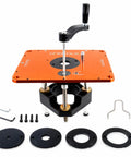 Industrial Grade Aluminum Router Lift Kit Dime Drop Height Adjustment with mounting plates and adjustment handle.