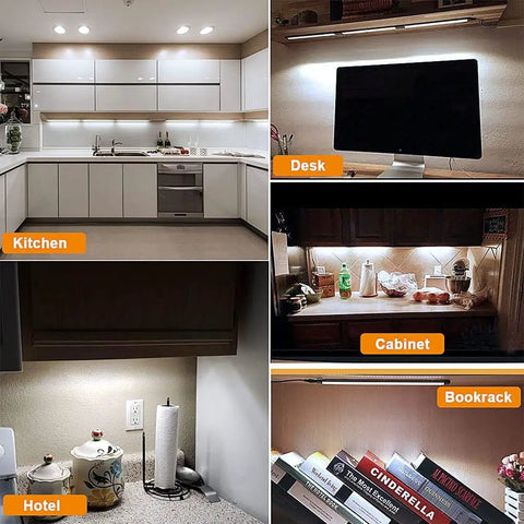 Under Cabinet Lighting Kit Six Pack 12 Inch LED Plug In Lights 5000K Daylight 3600LM illuminating kitchen, desk, cabinet, and shelf.