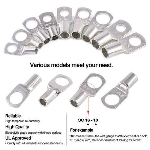 65Pcs Assorted Heavy Duty Wire Lugs And Tinned Copper Battery Cable Eyelets Tubular SC Ring Terminals With Spy Hole Pro Grade Assortment Kit For Electrical Projects And Automotive Wiring featuring various terminal sizes and types in silver.
