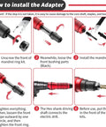 Cordless Drill Rivet Nut Tool Kit installation guide showing steps to attach adapter to 12V drill with mandrels and rivet nuts.