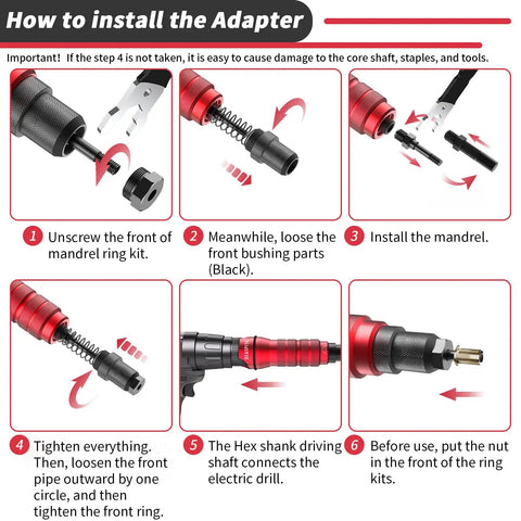 Cordless Drill Rivet Nut Tool Kit installation guide showing steps to attach adapter to 12V drill with mandrels and rivet nuts.