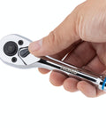 Hand holding Three Eighths Inch Ratchet Wrench With Hundred Tooth Reversible Gears, Three Point Six Degree Swing, Quick Release, Eight Inch Long Handle