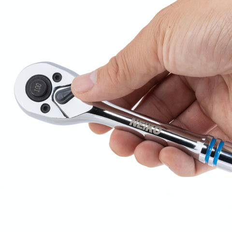 Hand holding Three Eighths Inch Ratchet Wrench With Hundred Tooth Reversible Gears, Three Point Six Degree Swing, Quick Release, Eight Inch Long Handle