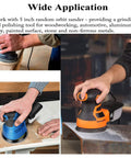 Aiyard 5-inch random-orbit sander collage in orange/black and blue handheld sanders; front and side views
