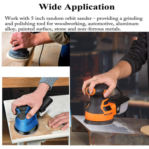 Aiyard 5-inch random-orbit sander collage in orange/black and blue handheld sanders; front and side views
