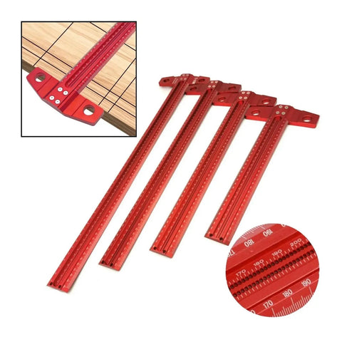 Digital Caliper, Carpenter’s Marking Ruler Square Perforated T-Square Tool in red aluminum, showing size marks for precise measurements.