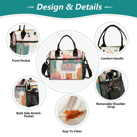 Design details of Desert Beige Insulated Lunch Bag for Women and Men, featuring pockets and adjustable shoulder strap
