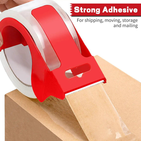 Two Roll Clear Heavy Duty Packing Tape With Dispenser Pack strong and durable shipping tape shown sealing a box corner