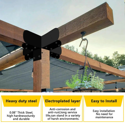Five Way Right Angle Corner Pergola Brackets For 4 By 4 Wood Beams Actual 3.5 By 3.5 Inches Beefy Heavy Duty Steel With Hardware Outdoor Gazebo DIY Woodwork Bracket For Patios And Cabins