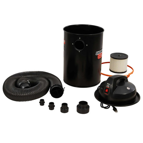 Compact Portable Dust Collector With A Killer 1.48 HP Motor Generating 108 CFM Of Insane Suction, parts and accessories displayed.