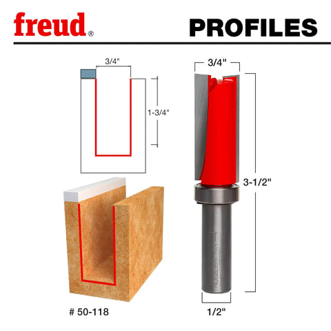 Diagram and image of Top Bearing Flush Trim Router Bit 3/4 X 1-3/4 Inch with 1/2 Inch Shank, showing dimensions and profile