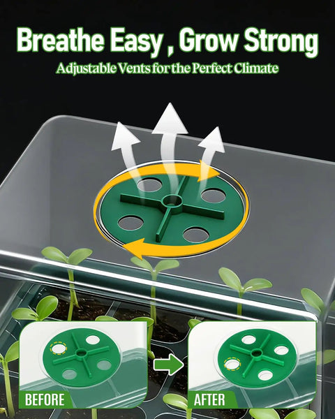 Ten Pack Seed Starter Tray Set With Extra Tall Humidity Dome showing adjustable vent system.