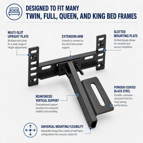 Heavy Duty Adjustable Headboard Brackets For Metal Bed Frame With Dual Bilateral Plates with multi-slot upright plate and extension arm.