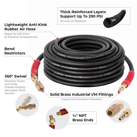 Ultra Durable 3/8-Inch By 100 Foot Rubber Air Hose With Heavy Duty Reinforced Lining, brass fittings and bend restrictors