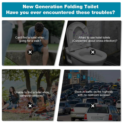 Collage of common restroom troubles when outdoors, promoting No Sweat Heavy Duty Portable Camping Toilet With Upgrade Soft Seat Cushion And Splash Guard Easy Fold Outdoors Potty Detachable Paper Holder 500 Pound Capacity Van Life Essential.