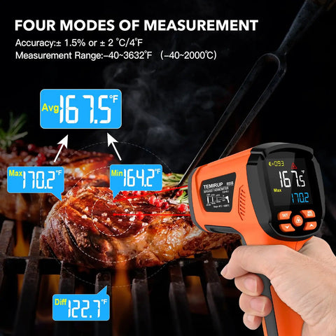 Non Contact Infrared Thermometer Gun With Dual Laser And Thermocouple Probe, 50 To 1 Pyrometer, From -40F To 3632F, Adjustable Emissivity 0.1 To 1.0, Engine Kiln Forge Industrial Temperature Check, Shop Pro Grade Accuracy, handheld infrared thermometer over grilled meat