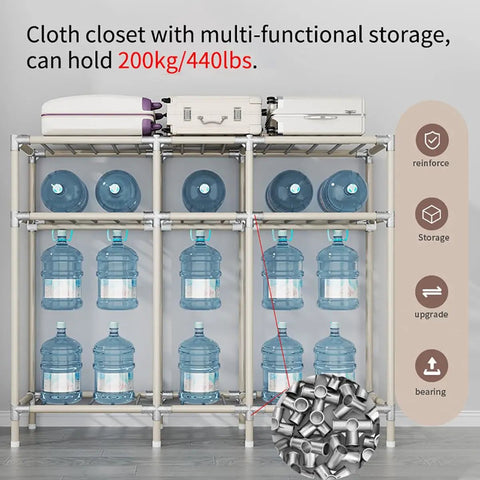 Kick Clutter To The Curb With This Spacious Metal Wardrobe Closet Featuring Three Heavy Duty Hanging Rods Three Secure Shelves Two Side Pockets And Completely Hassle Free Assembly, showing a cloth closet storing large water bottles.