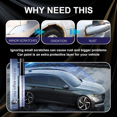 All Cars Magic Scratch Removal Pen 2 Pack shown with car and scratches diagram, emphasizing scratch repair for any color vehicle.