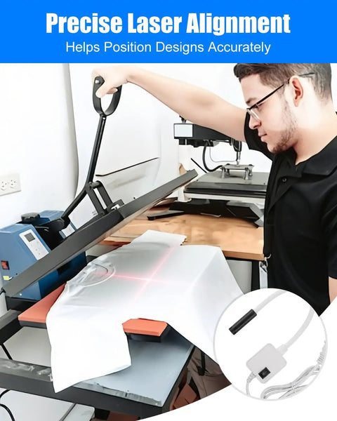 Laser Alignment Tool for Heat Presses, Crosshair Guide for Hat and T Shirt Press Machines in use, showing precise alignment.