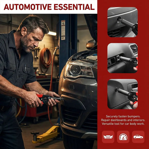 Mechanic using 41 Piece Car Rivet Gun Kit With 1 Hand Riveter And 40 Nylon Blind Rivets for bumper repair on vehicle