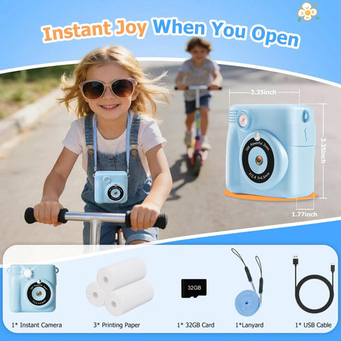 Kids Instant Print Camera For Ages 3 To 12 With Two Point Four Inch Eye Care Screen, 1080P Video, 18 Frames, Includes 3 Rolls Paper And 32GB SD Card, Snap Happy Toy Camera Gift For Birthday Christmas Valentines Girls, shown with accessories