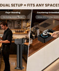 Vertical Electric Espresso Portafilter Cleaner With Knock Box Combo Auto Ground Removal For Home And Cafe Baristas Smooth Daily Grind Cleanup Universal Fit Quick Dump Station, shown in floor-standing and countertop setups.
