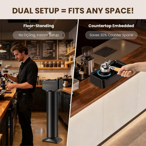 Vertical Electric Espresso Portafilter Cleaner With Knock Box Combo Auto Ground Removal For Home And Cafe Baristas Smooth Daily Grind Cleanup Universal Fit Quick Dump Station, shown in floor-standing and countertop setups.