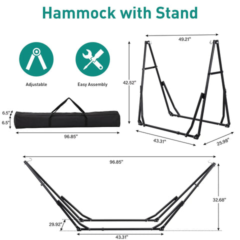 Diagram of 2 In 1 Hammock And Swing Chair With Foldable Stand Dope Portable Camping Gear dimensions and carrying bag