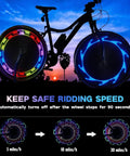 Next Level Ultra Bright Night Riding Wheel Lights For Bicycles Two Pack With 32 LED Patterns showing speed patterns on wheels.