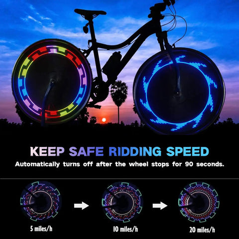 Next Level Ultra Bright Night Riding Wheel Lights For Bicycles Two Pack With 32 LED Patterns showing speed patterns on wheels.